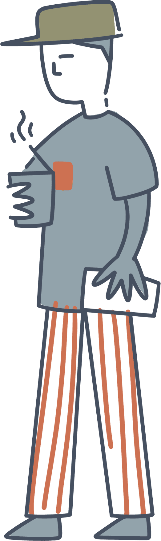 Illustration of a person in a wide-brimmed hat holding a cup of coffee
